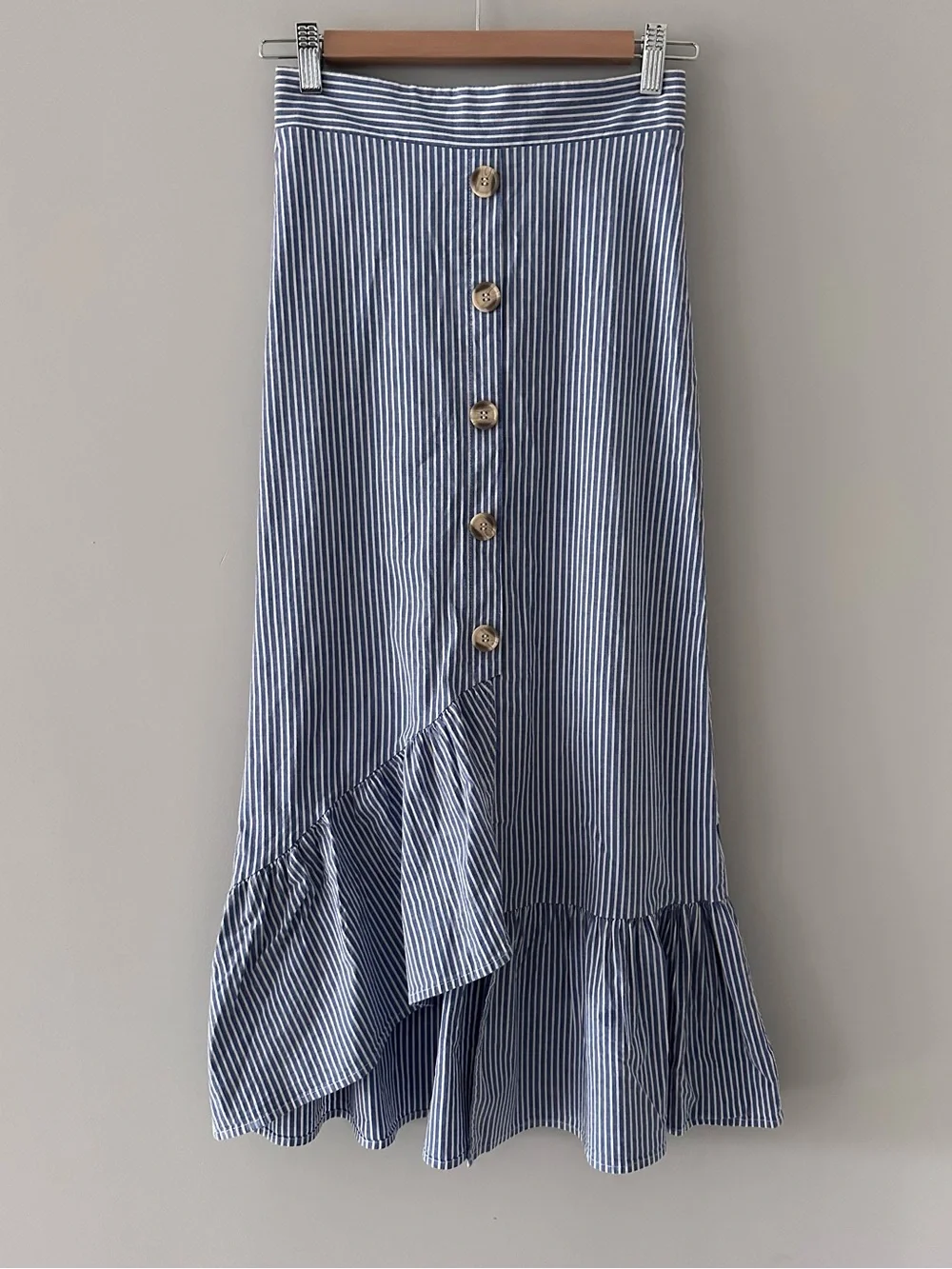 Striped Blue Button-Front Midi Skirt with Ruffle Hem